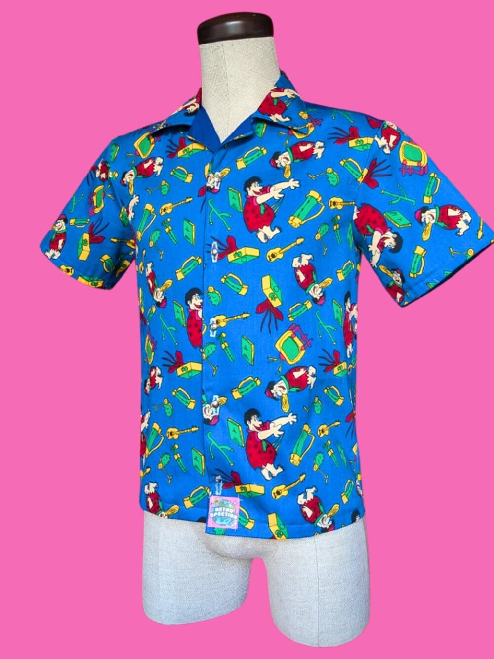 Handmade, Upcycled Fred Flintstone Bedsheet Button Down Shirt Size XS